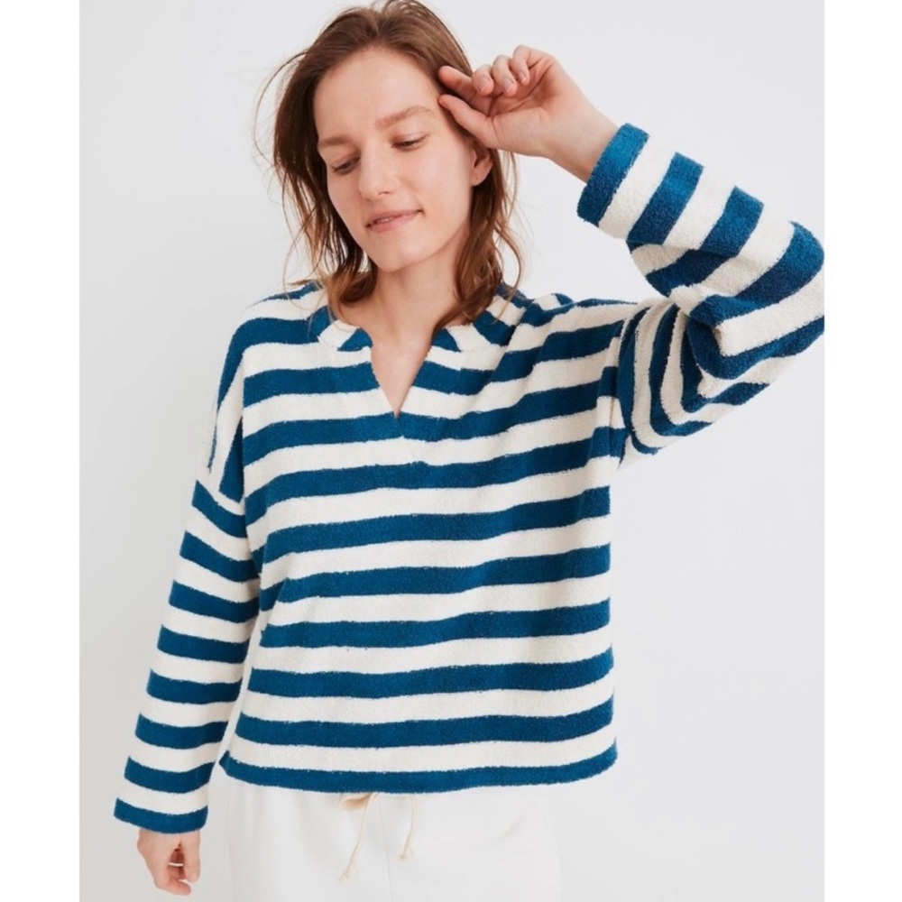 Madewell loop terry notched blue and cream striped sweatshirt